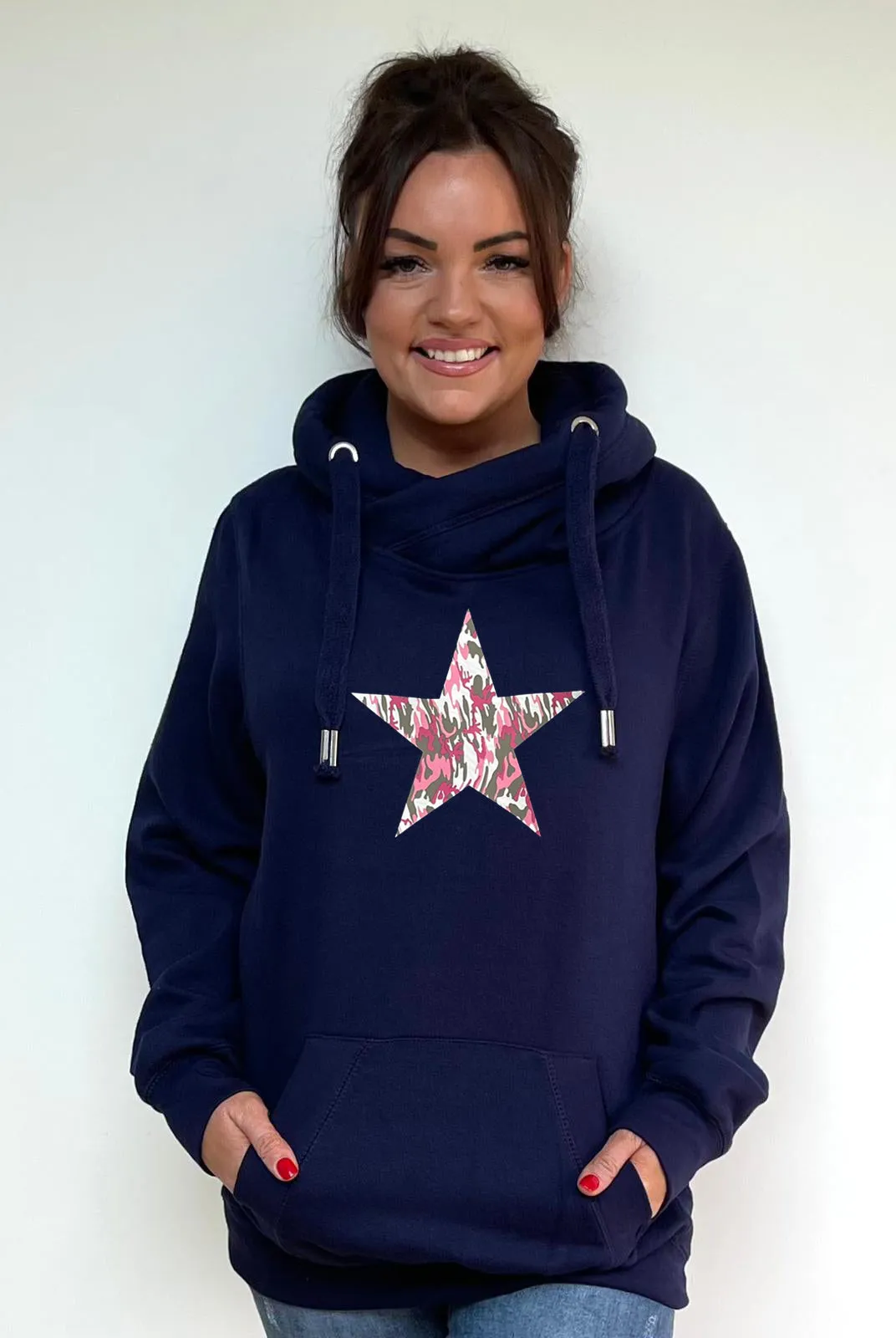 Luxury Cowl Neck Pink Camo Star Hoodie - Midnight Blue