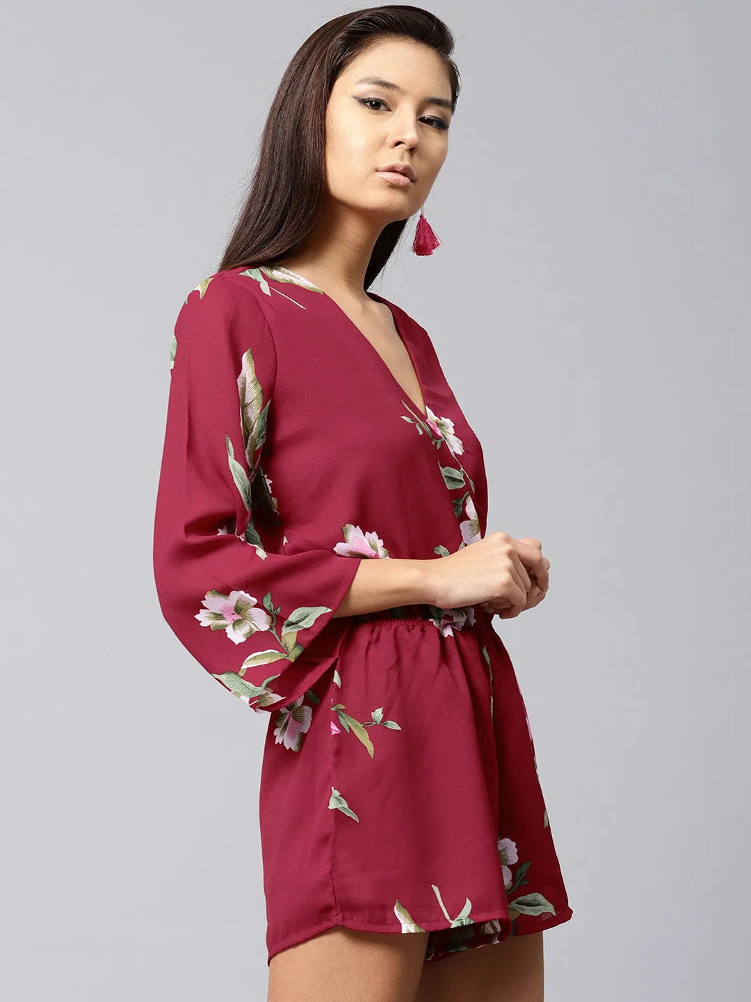 Maroon Tropical Wrap Romper