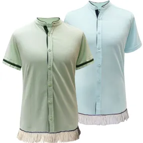 Men's Mandarin Collar Button Down Shirt with Fringes