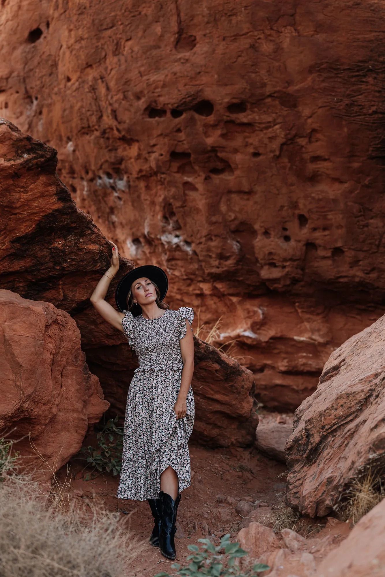 Mercy Smocked Midi Dress in Black