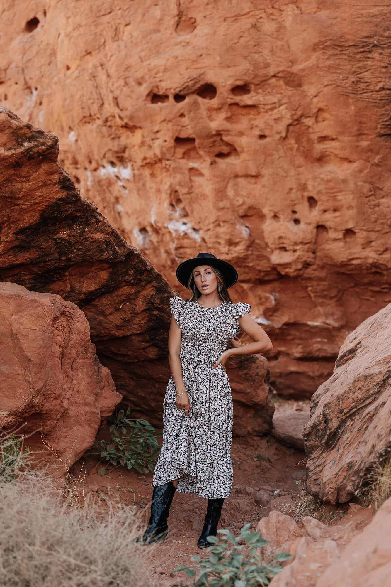 Mercy Smocked Midi Dress in Black