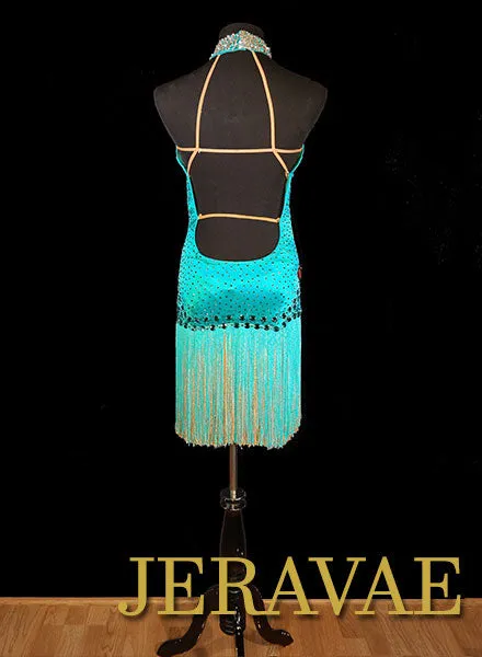 Mint Green Fiore Resale Fringe Halter Latin Dress with Beading and Swarovski Stones size M Lat097