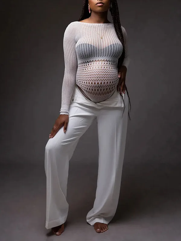 Momnfancy Chic White Transparent Cutout Backless Bodycon Pregnancy Photoshoot Bodysuit Maternity Mini Jumpsuit