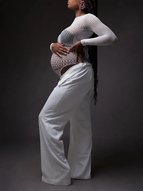 Momnfancy Chic White Transparent Cutout Backless Bodycon Pregnancy Photoshoot Bodysuit Maternity Mini Jumpsuit