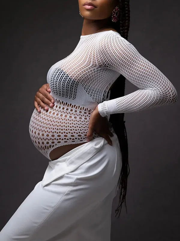 Momnfancy Chic White Transparent Cutout Backless Bodycon Pregnancy Photoshoot Bodysuit Maternity Mini Jumpsuit