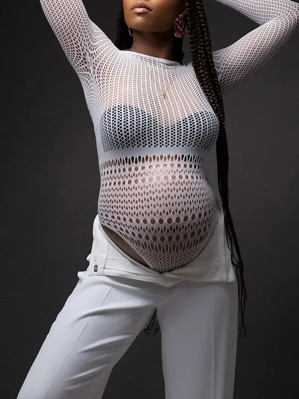 Momnfancy Chic White Transparent Cutout Backless Bodycon Pregnancy Photoshoot Bodysuit Maternity Mini Jumpsuit