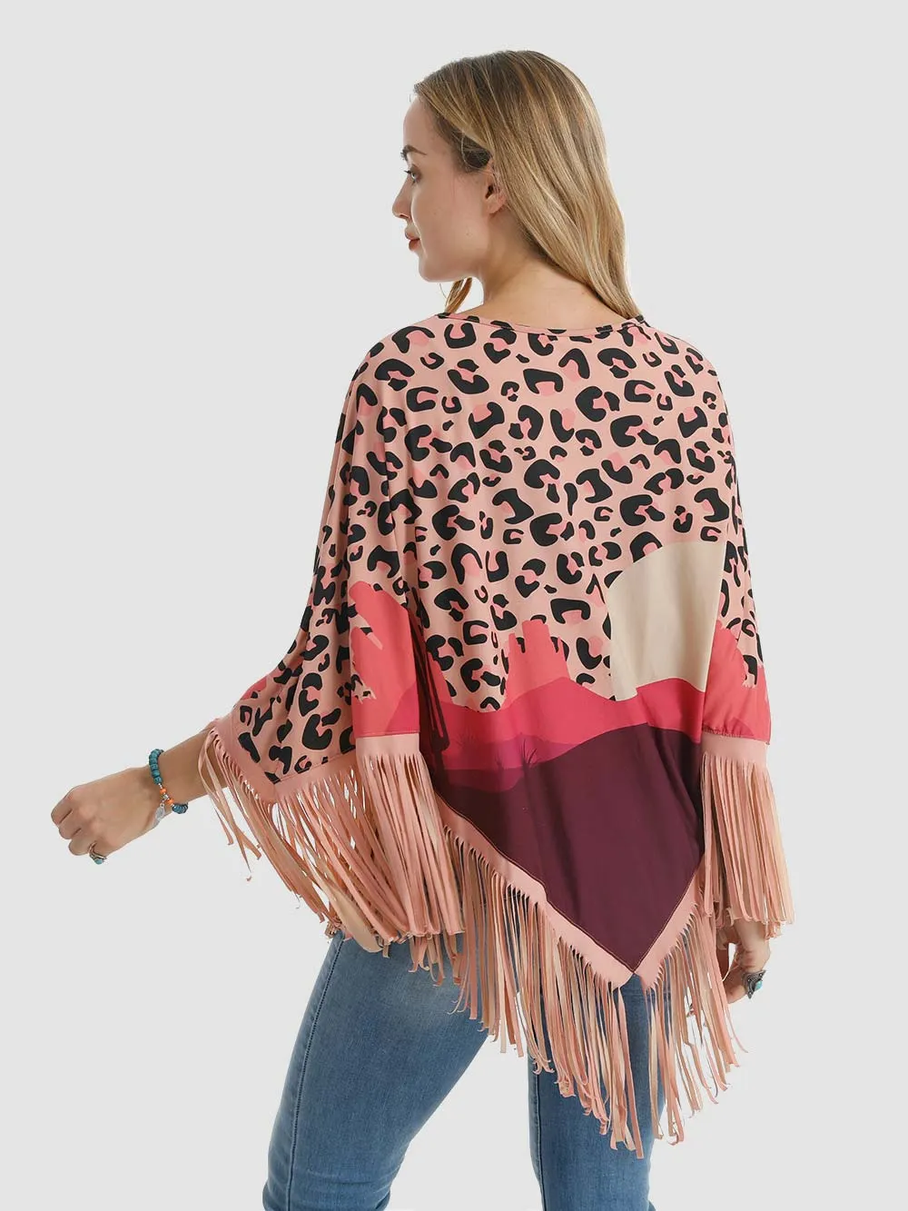 Montana West Pink Desert Sunset Print Fringe Poncho