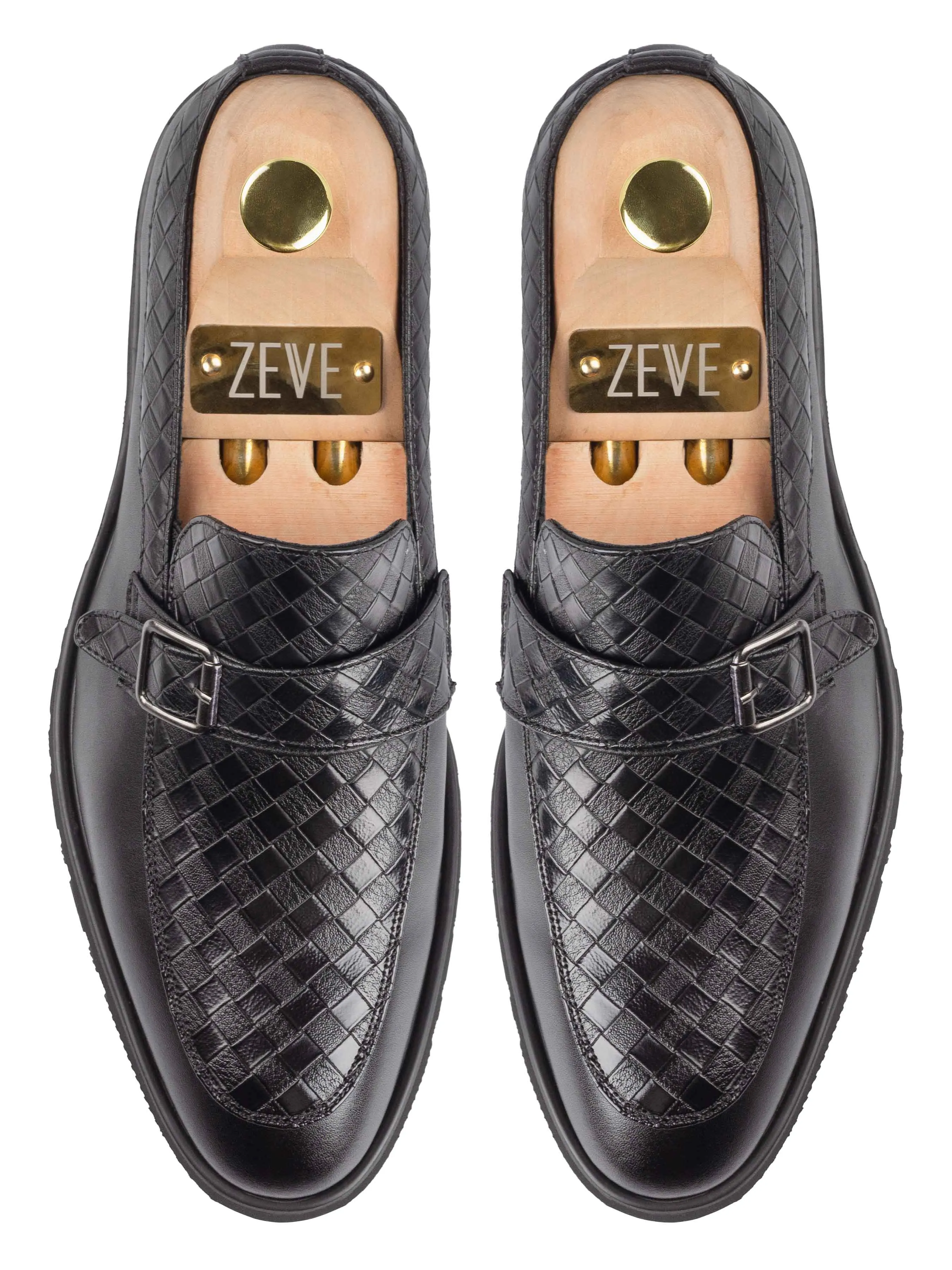 Oliver Single Strap Monk Loafer - Black Woven Leather (Flexi-Sole)