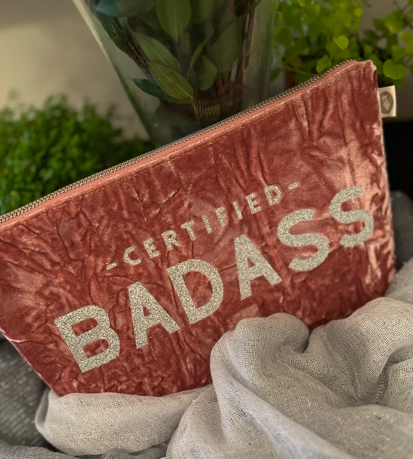 Petal Pink Velvet Clutch with Silver Glitter Certified BADASS