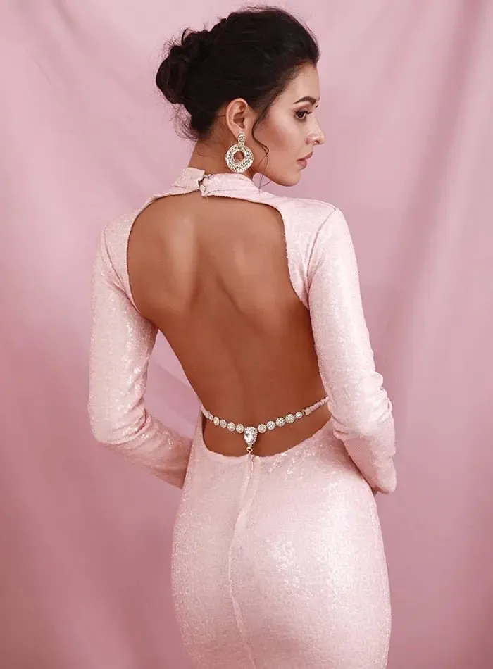 Pink High Neck Open Back Rhinestone Sequins Long Sleeve Maxi Dress