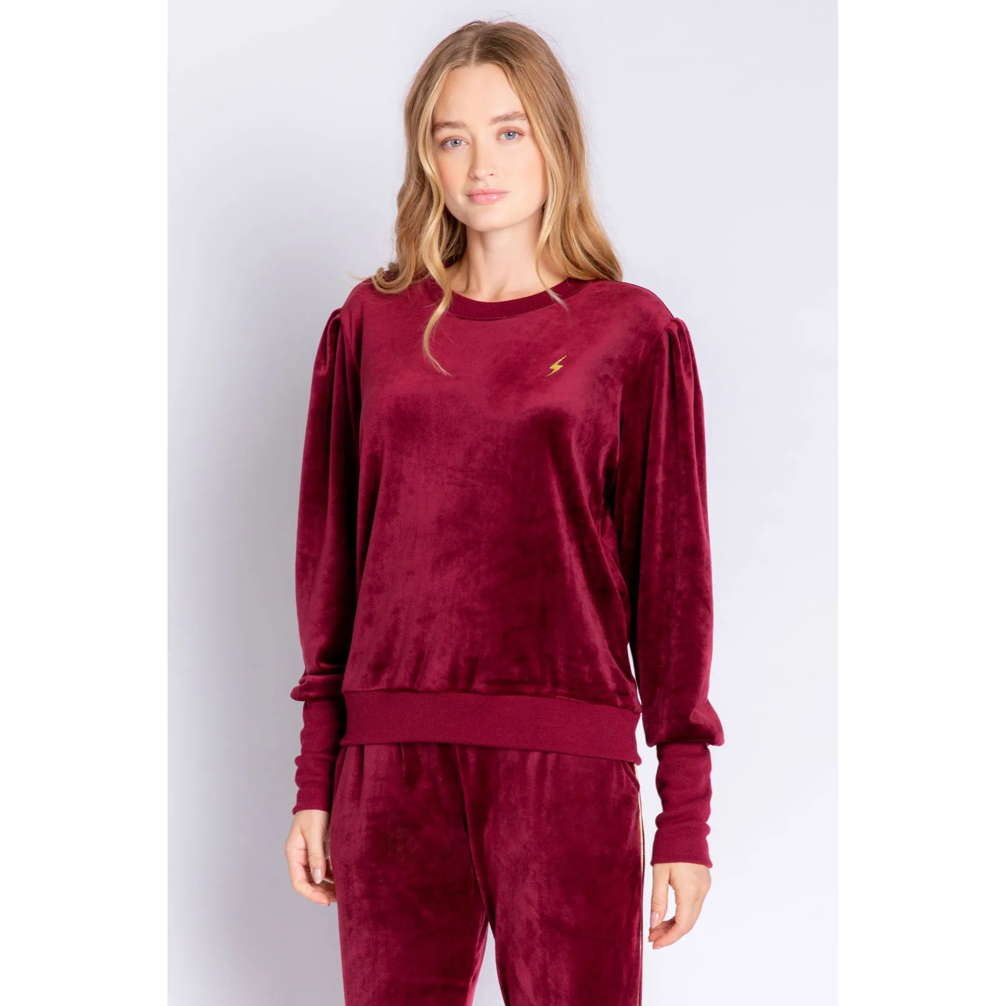 PJ Salvage Women's Velour Vanity Lightning Bolt Top - PORT