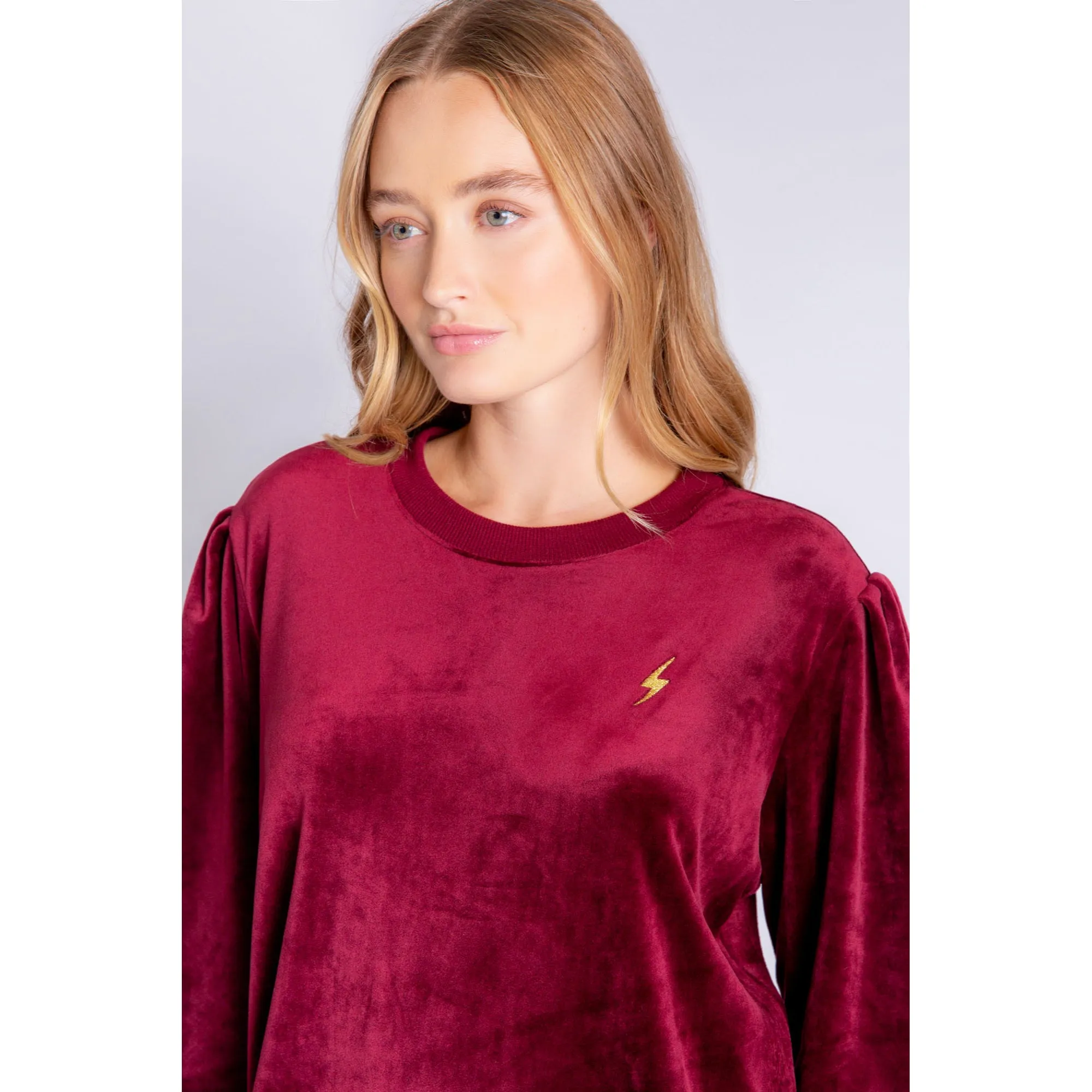 PJ Salvage Women's Velour Vanity Lightning Bolt Top - PORT