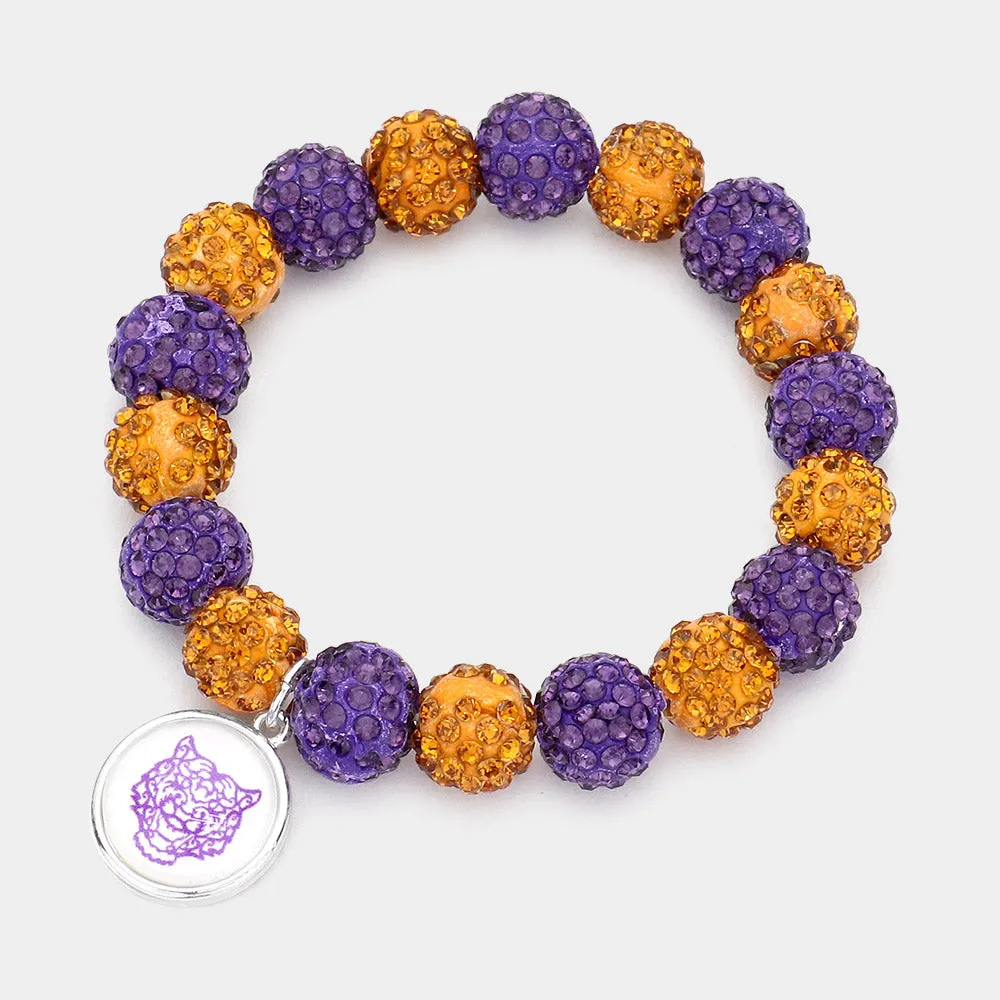 Purple and Gold Tiger Accented Round Charm Shamballa Ball Stretch Bracelet