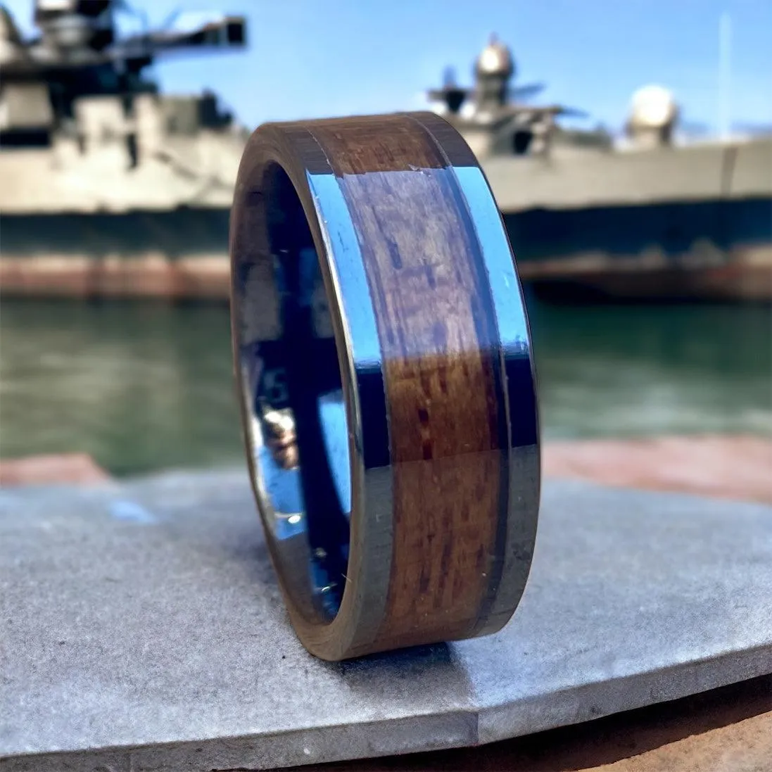 "The Battleship" 100% USA Made Black Ceramic Ring With Wood From The USS California