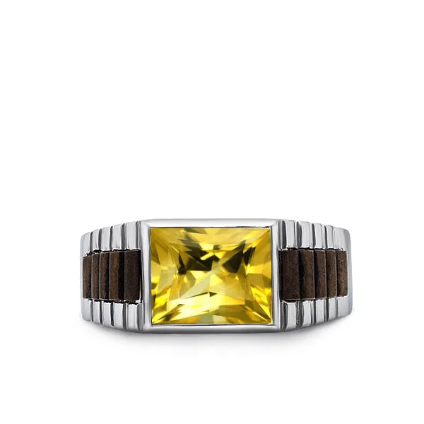 Real Fine 14k White Gold Heavy Ring For Men With Rectangle Yellow Citrine Stone