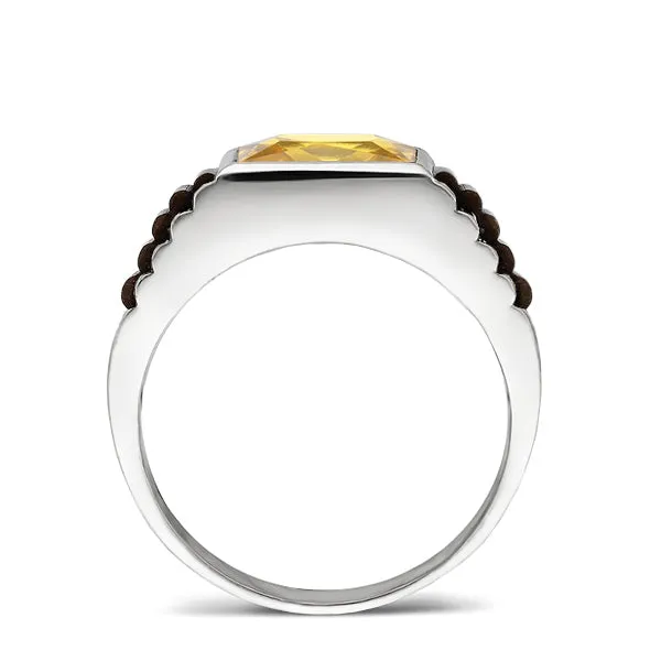 Real Fine 14k White Gold Heavy Ring For Men With Rectangle Yellow Citrine Stone