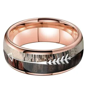 Silver/ Rose Gold Tungsten Arrow Ring with Koa Wood & Deer Antler Inlay (8mm)