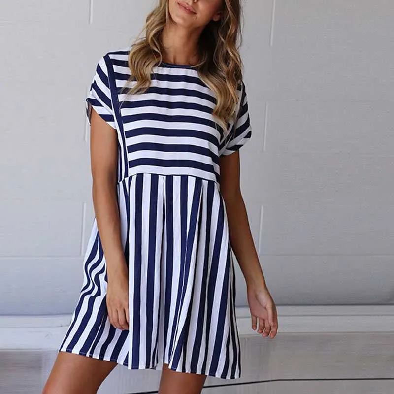 Slimming High Waisted Striped Short Sleeve Swing Dress