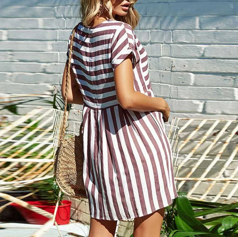 Slimming High Waisted Striped Short Sleeve Swing Dress