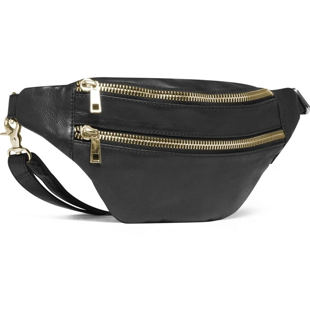 Soft leather bumbag with golden zippers / 13952 - Gold