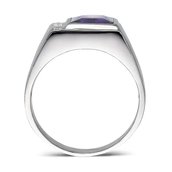 Solid 14K White Gold Amethyst Mens Ring 0.06ct Natural Diamonds Ring