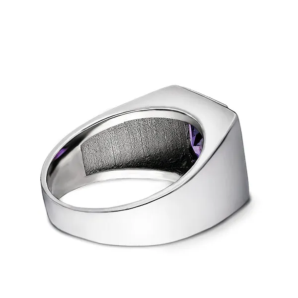 Solid 14K White Gold Amethyst Mens Ring 0.06ct Natural Diamonds Ring