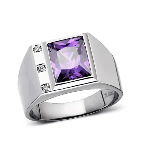 Solid 14K White Gold Amethyst Mens Ring 0.06ct Natural Diamonds Ring