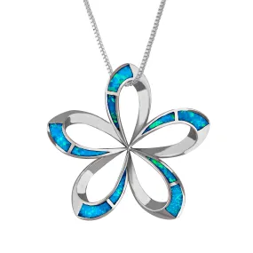 Sterling Silver Synthetic Blue Opal Open Plumeria Pendant Necklace, 16 2" Extender