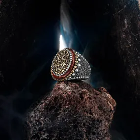 THE BATELEUR - Premium Quality Handcrafted Silver Ring with Circle Red Agate Stone and Special Motif