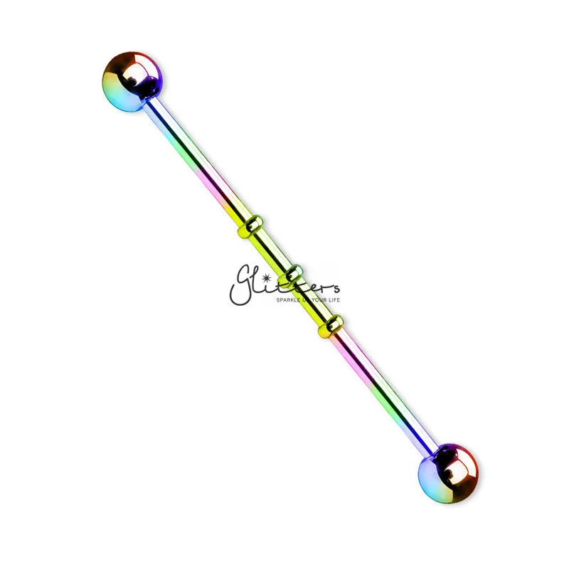 Triple Notched Titanium Ion Plated over Surgical Steel Balls Industrial Barbells-Black | Gold | Rainbow