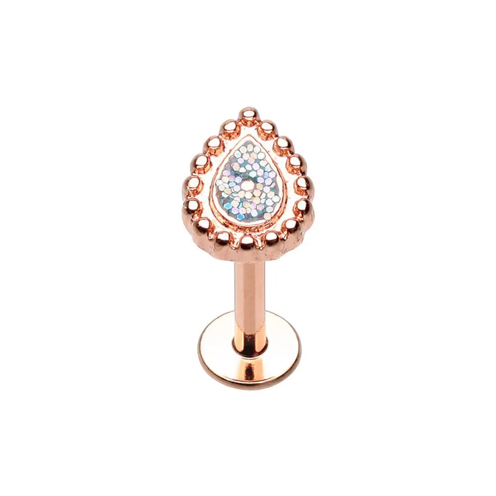 WildKlass Jewelry Rose Gold Sparkling Glitter Ornate Teardrop Steel Labret