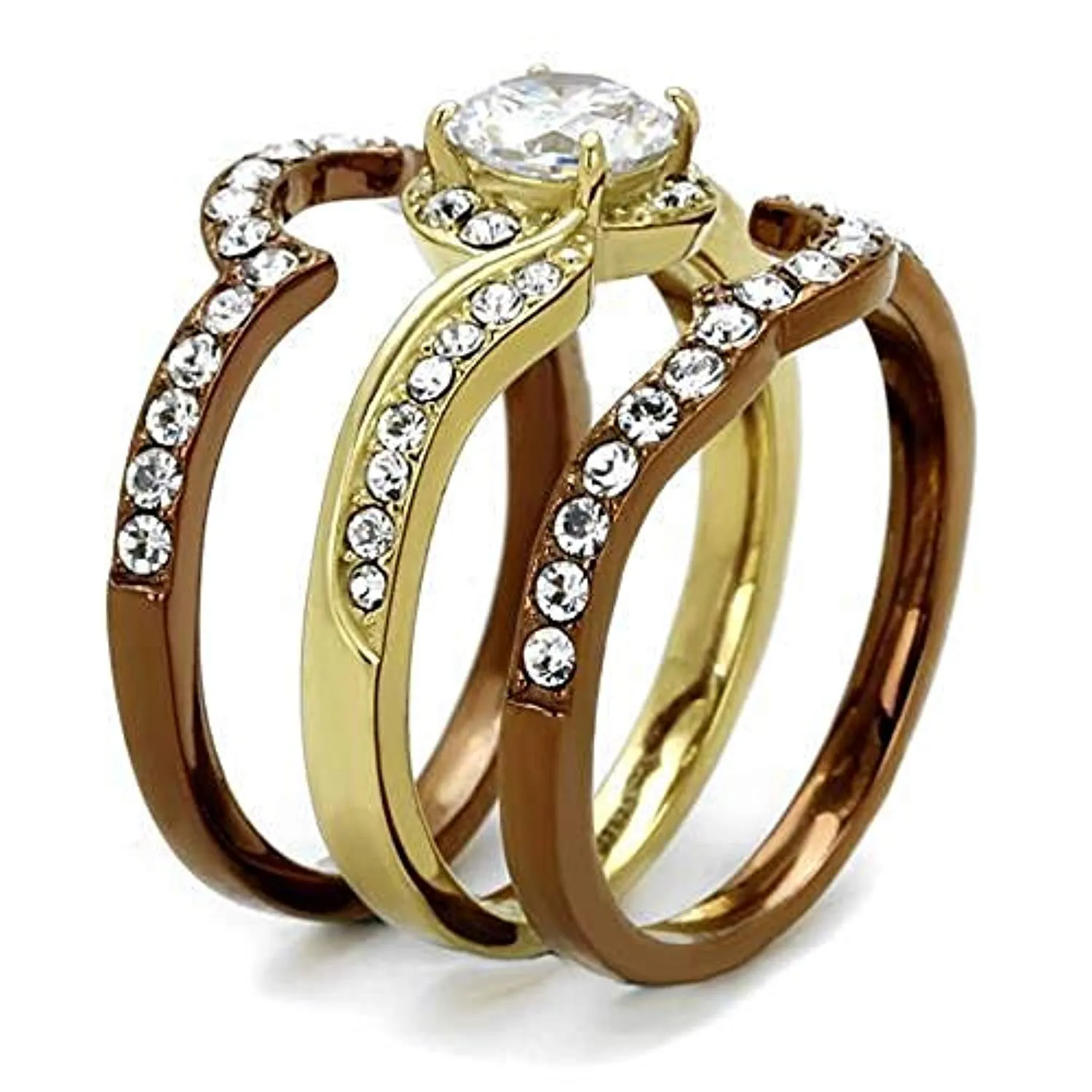 WildKlass Stainless Steel Ring IP Gold & IP Light Brown (IP Light Coffee) Women AAA Grade CZ Clear