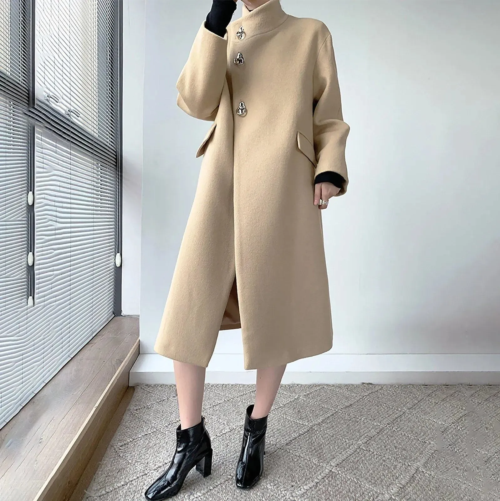 Women Black A-Line Wool Long Coat,Light Camel Long Wool Coat,Wool Overcoat,Winter wool coat,Oversize wool Coat,Black Long Coat,khaki coat